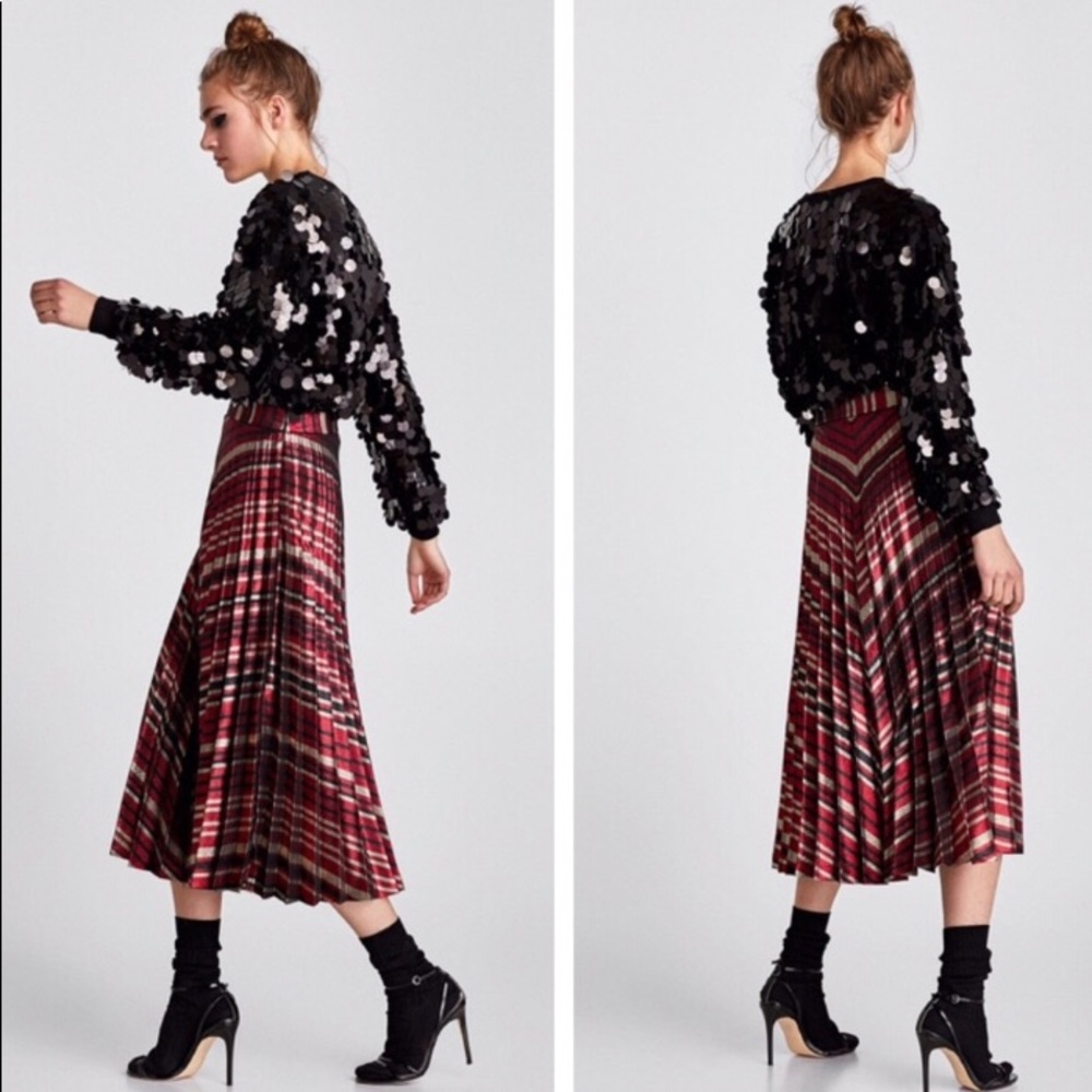 NWT Zara Woman Pleated Sparkle Metallic Midi Skirt